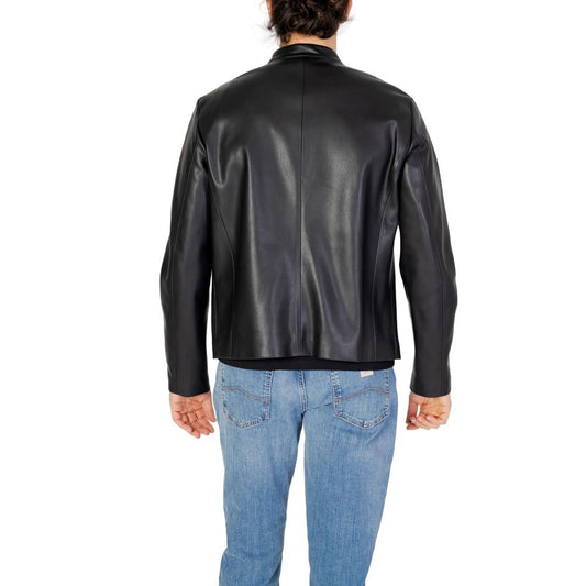 Back view of Armani Exchange Black Polyester Jackets & Coat with sleek design and polyurethane coating, showcasing modern urban style.
