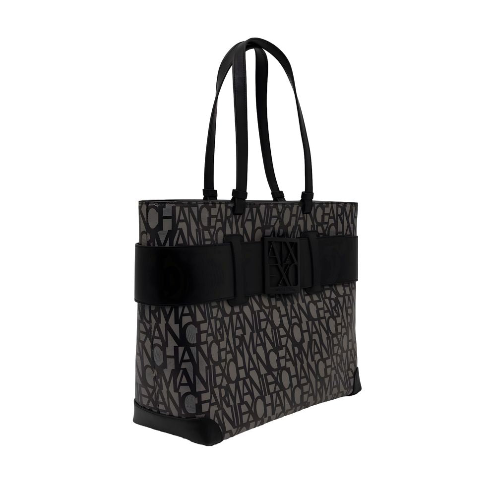 Armani Exchange Black Polyethylene Handbag with logo print and decorative buckle on maxi front strap.