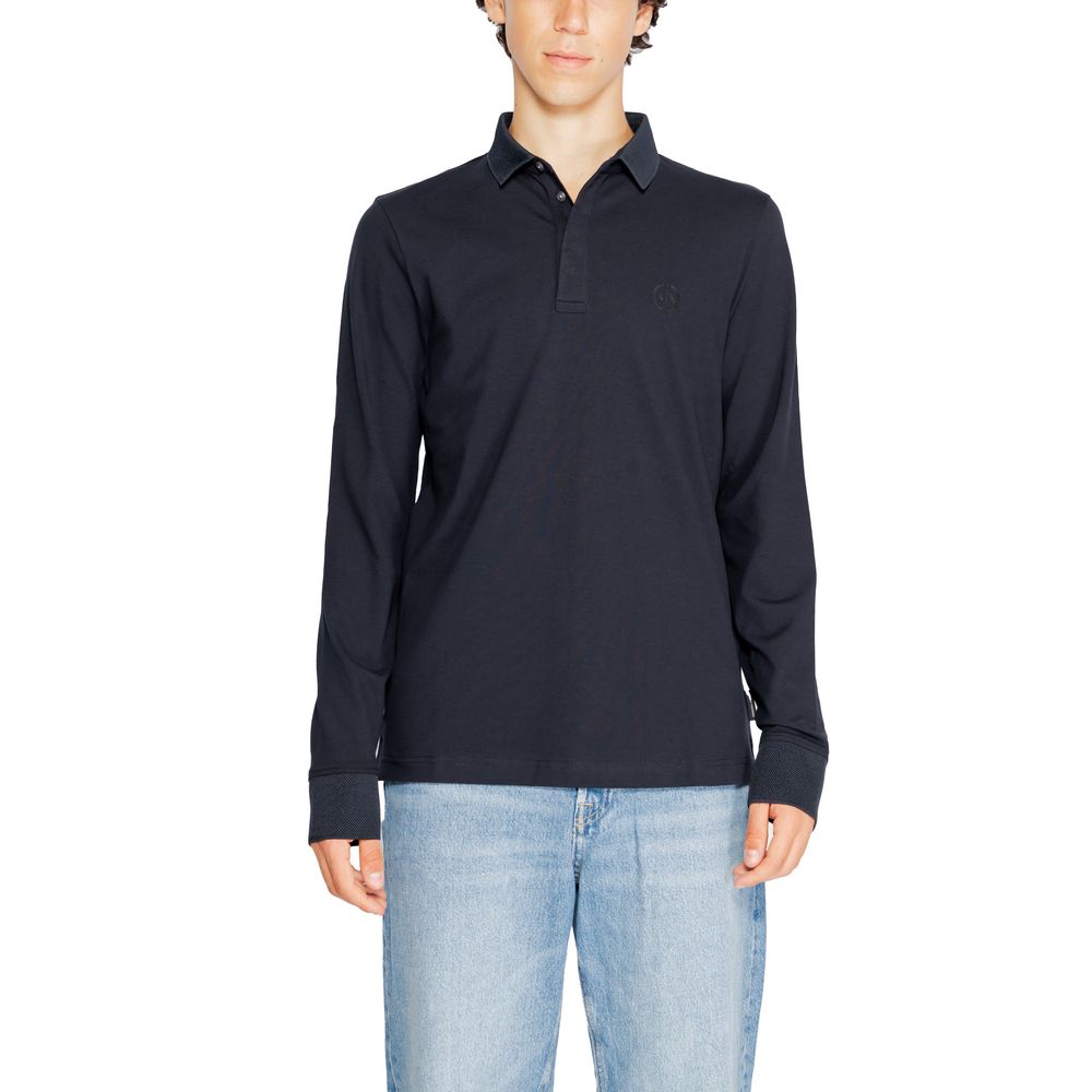 Armani Exchange Blue Cotton Long Sleeve T-Shirt on model, 96% cotton, with tasteful logo, perfect for casual or formal wear. SKU: 8NZF79 ZJ81Z