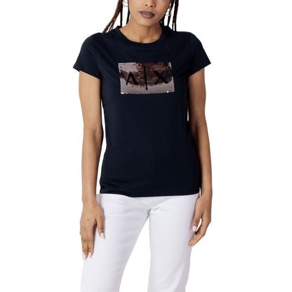 Armani Exchange Blue Cotton T-Shirt with sequin AX logo, short-sleeved, worn by a woman, perfect for a stylish and comfortable look.
