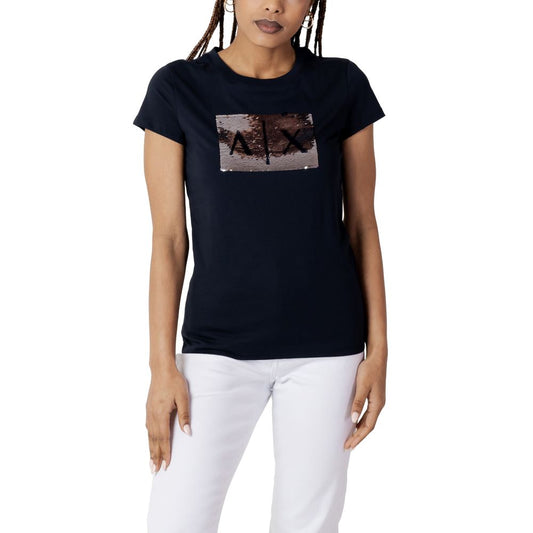 Armani Exchange Blue Cotton T-Shirt with sequin AX logo, short-sleeved, worn by a woman, perfect for a stylish and comfortable look.