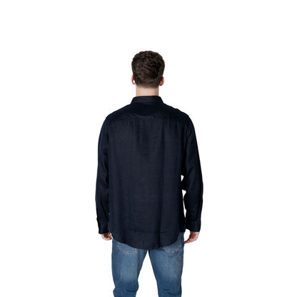 Back view of Armani Exchange Blue Linen Dress Shirt on male model