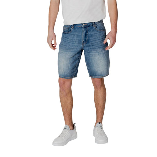 Man wearing Armani Exchange Blue Polyester Bermuda Shorts with white sneakers and a casual outfit