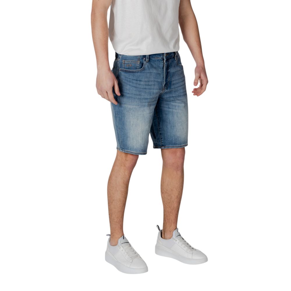 Man wearing Armani Exchange Blue Polyester Bermuda Shorts, showcased for casual yet modern style and comfort.