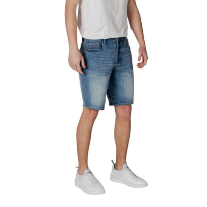 Man wearing Armani Exchange Blue Polyester Bermuda Shorts, showcased for casual yet modern style and comfort.