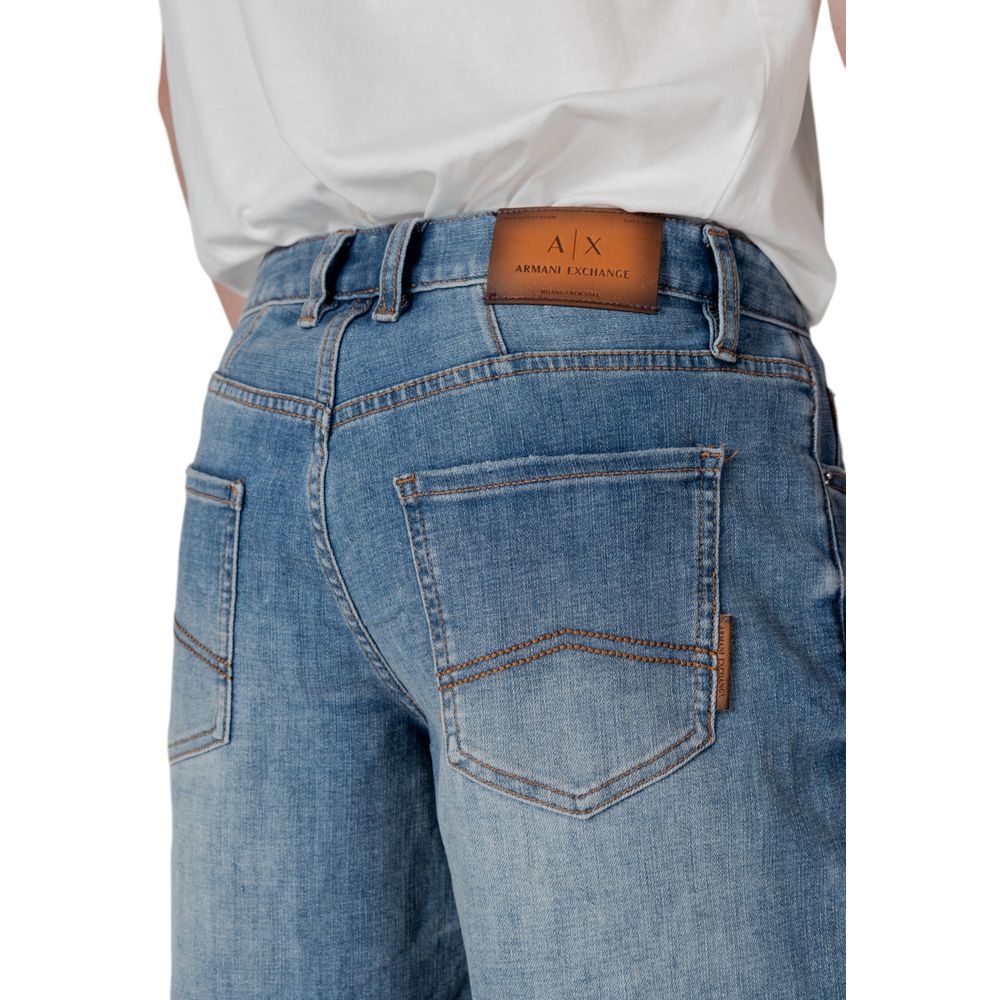 Back view of Armani Exchange Blue Polyester Bermuda Shorts with classic five-pocket design, highlighting the brand's logo patch.