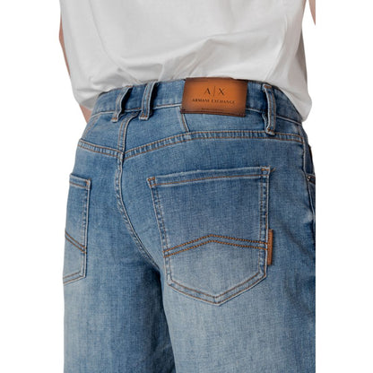Back view of Armani Exchange Blue Polyester Bermuda Shorts with classic five-pocket design, highlighting the brand's logo patch.