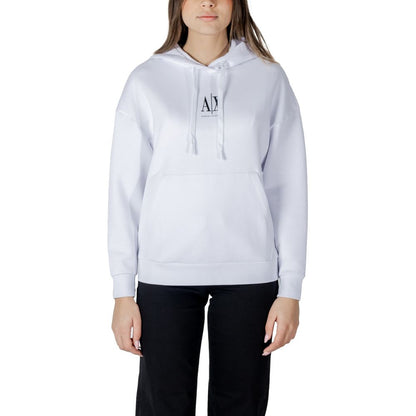 Woman wearing Armani Exchange White Cotton Hoodie with logo and drawstring hood.