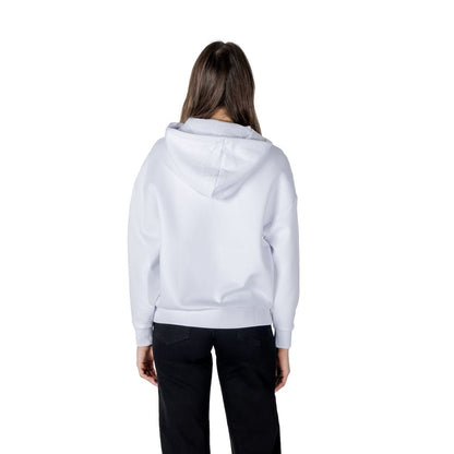 Back view of Armani Exchange White Cotton Hoodie with drawstring hood, showcasing a modern and casual fit for women.