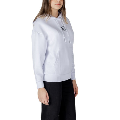Woman wearing an Armani Exchange White Cotton Hoodie with logo and drawstring hood, featuring a contemporary design.