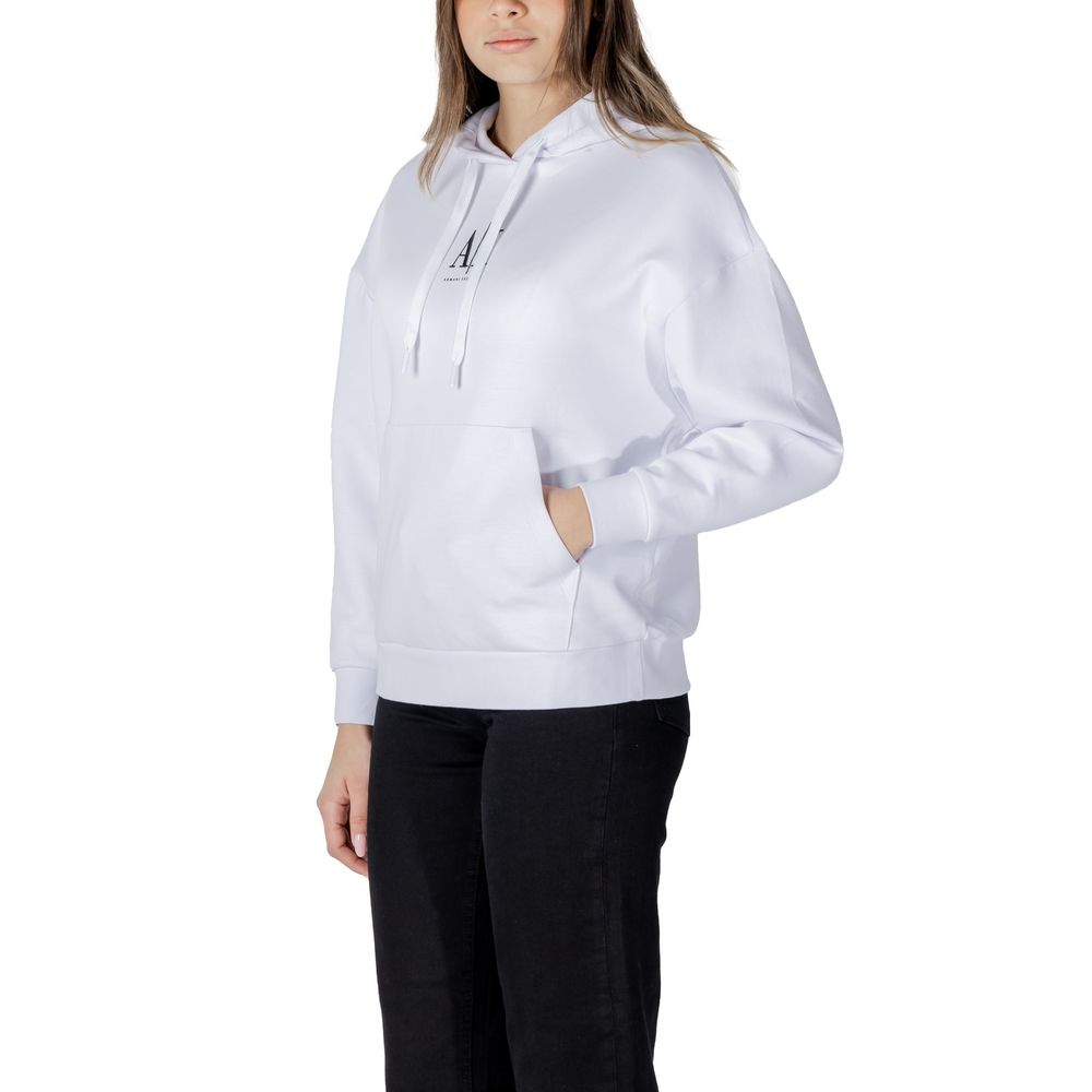 Armani Exchange White Cotton Hoodie with logo and drawstring hood, perfect for contemporary style and comfort. Model wearing hoodie.
