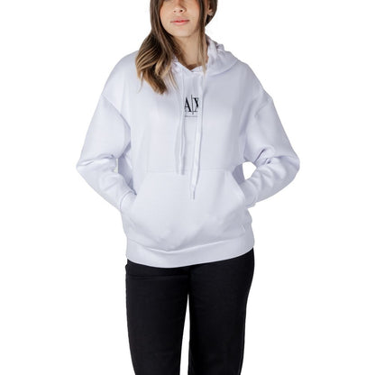 Woman wearing Armani Exchange White Cotton Hoodie with AX logo, featuring adjustable drawstring hood, shown in relaxed fit for comfort.