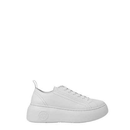 Armani Exchange White Leather Platform Sneakers with thick sole, luxurious design suitable for any occasion, offering style and comfort.