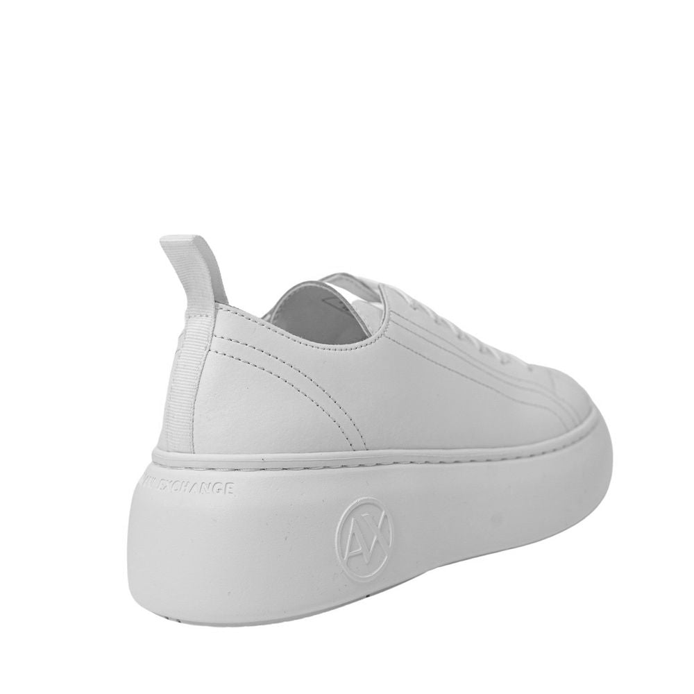 Armani Exchange White Leather Platform Sneakers side view showing thick sole and elegant design.