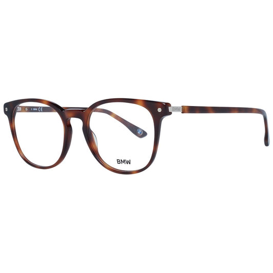 BMW Brown Men Glasses Frame in round full-rim plastic design with demo lenses, includes branded case, size 52-19-145.