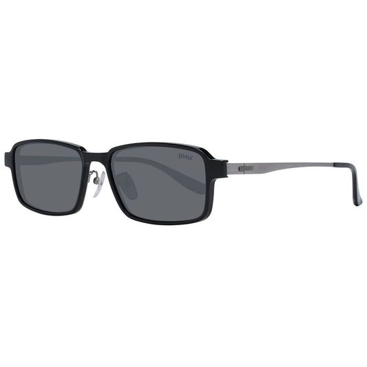 BMW Gray Men Glasses Frame with titanium full-rim and polarized lenses, size 56-17-145, UVA & UVB protection, includes branded case.