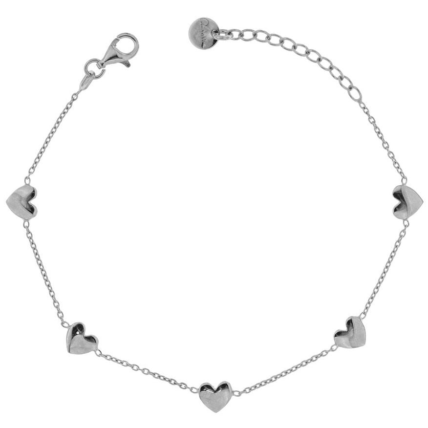 Silver heart charm bracelet, designed with delicate chain, showcasing BRACCIALI RUE DES MILLE MOD. BR-CAT 5 CUO RH.