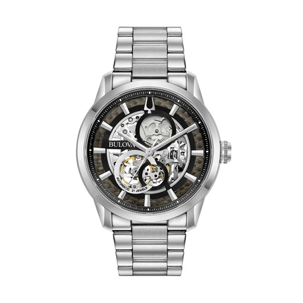 BULOVA WATCHES Mod. 96A208 featuring a silver stainless steel band and intricate skeletal watch face design.