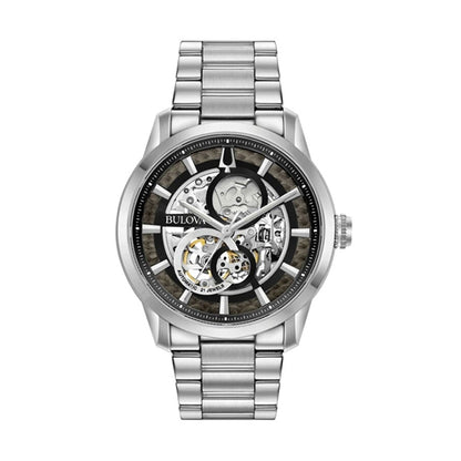 BULOVA WATCHES Mod. 96A208 featuring a silver stainless steel band and intricate skeletal watch face design.