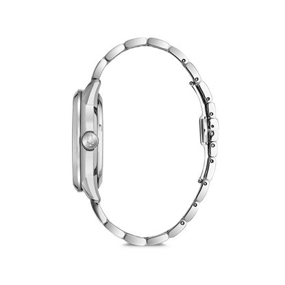 Side view of BULOVA WATCHES Mod. 96A208 with silver metal band and sleek design.