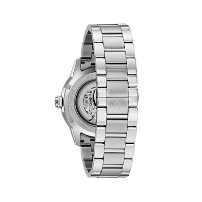 Rear view of BULOVA WATCHES Mod. 96A208 showing the intricate watch mechanism and stainless steel bracelet.