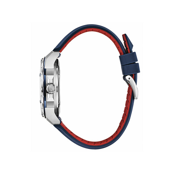 Side view of BULOVA WATCHES Mod. 98A225 with stainless steel case and silicone strap, water resistant 20 ATM.