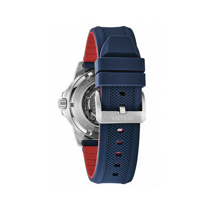 BULOVA WATCHES Mod. 98A225 with blue silicone strap and stainless steel case, view of back featuring chronograph functions.