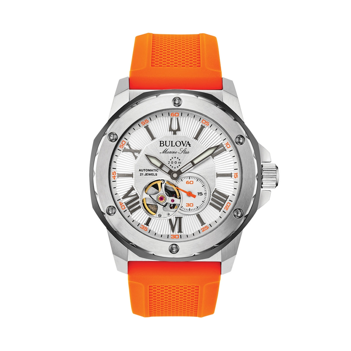 BULOVA WATCHES Mod. 98A226 with orange strap, silver dial, and visible gear mechanism.