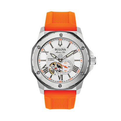 BULOVA WATCHES Mod. 98A226 with orange strap, silver dial, and visible gear mechanism.