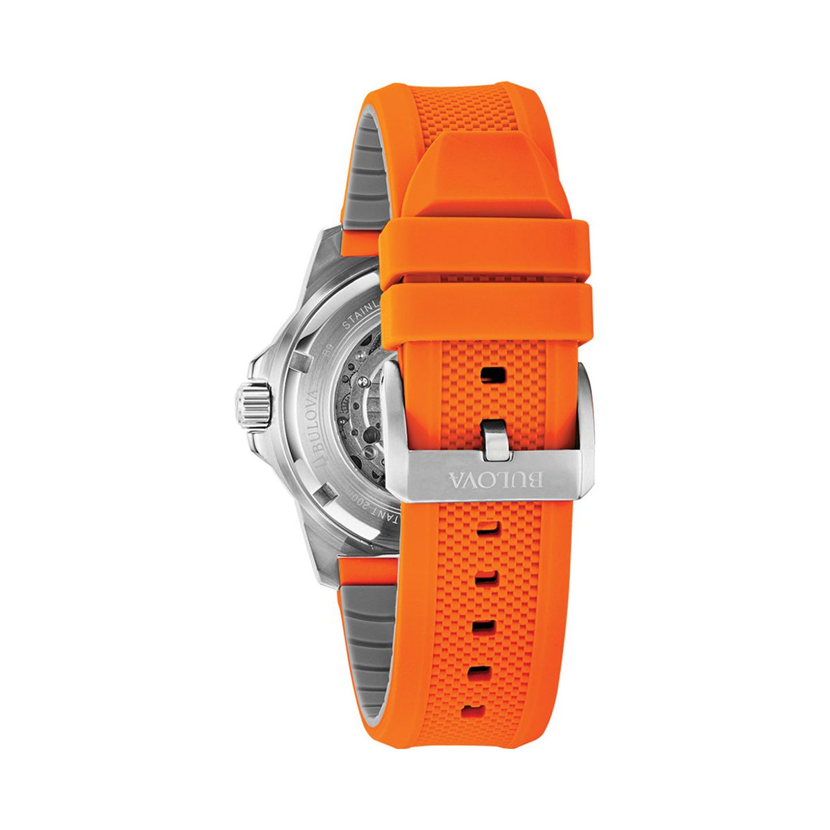 Back view of BULOVA WATCHES Mod. 98A226 with orange strap highlighting sleek design and craftsmanship.