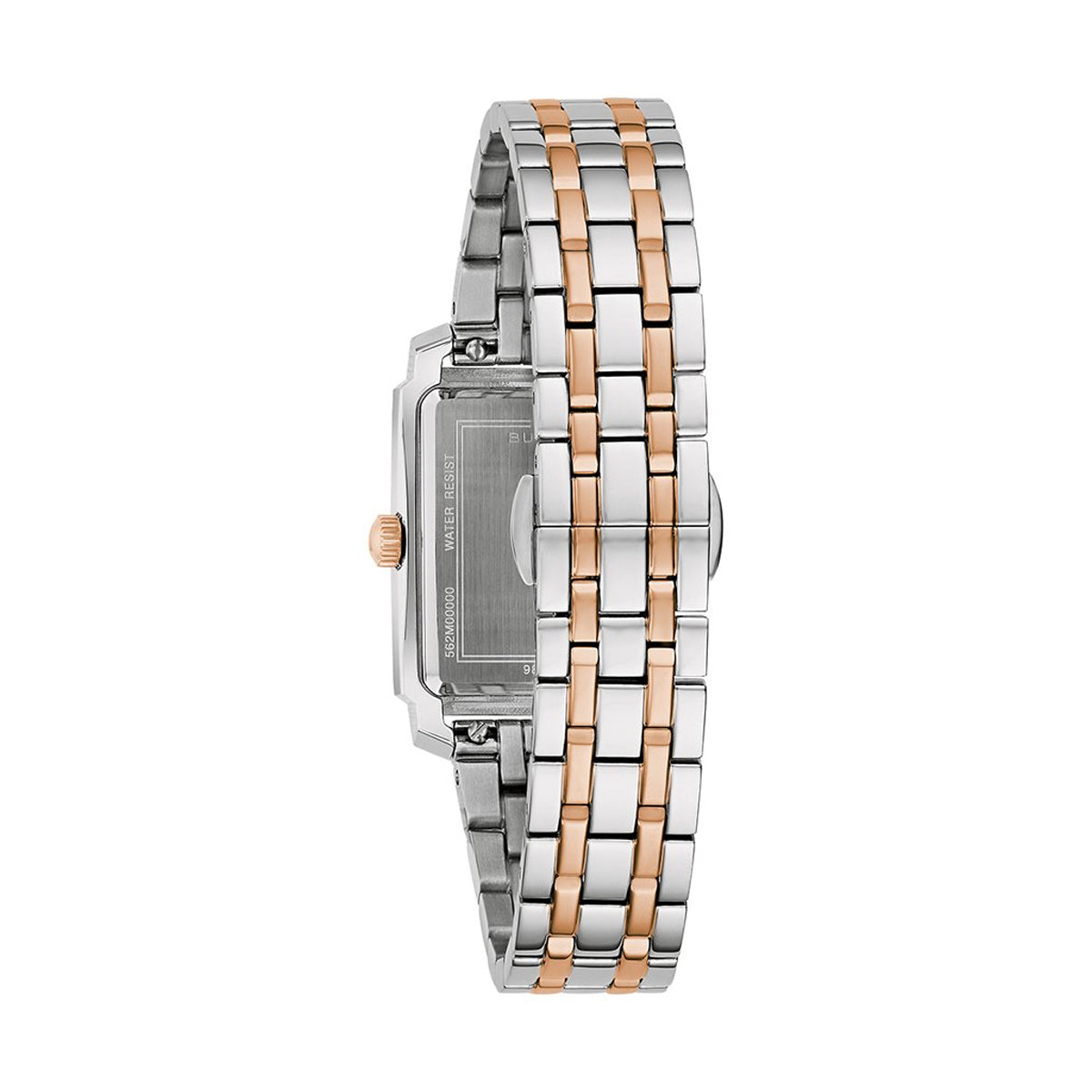 BULOVA WATCHES Mod. 98L328 back view, showcasing two-tone stainless steel bracelet design.