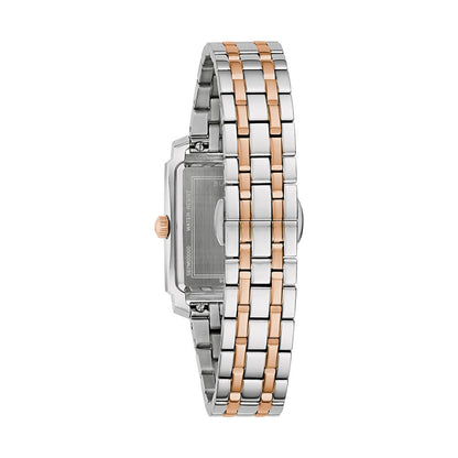 BULOVA WATCHES Mod. 98L328 back view, showcasing two-tone stainless steel bracelet design.