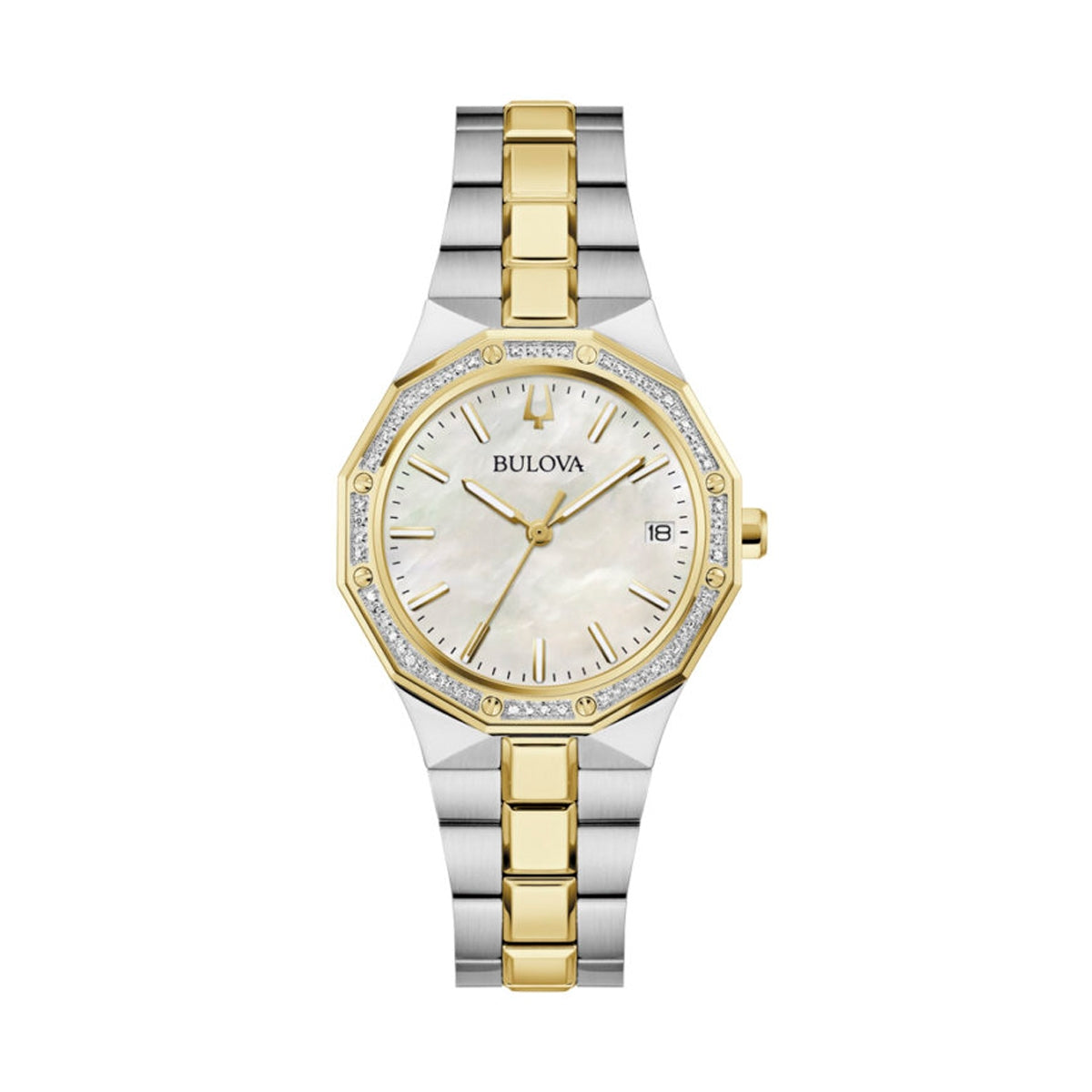 BULOVA WATCHES Mod. 98R299 luxury two-tone stainless steel and gold watch with diamond accents on bezel and white mother of pearl dial.