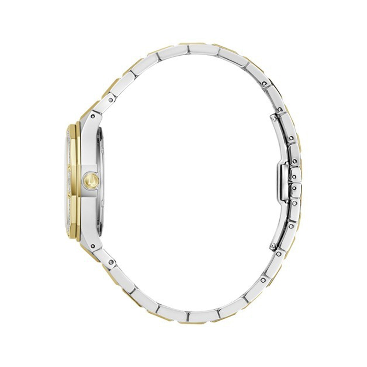 Side view of BULOVA WATCHES Mod. 98R299 showcasing silver and gold tones in the watch design.