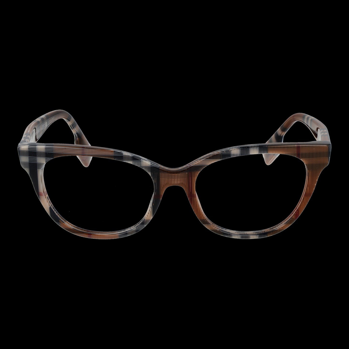 BURBERRY MOD. 0BE2375 513966 unisex eyeglasses in plaid acetate frame on black background.
