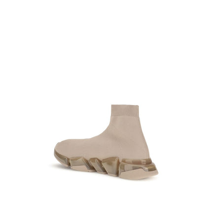 Balenciaga Beige Polyester Athletic Sneakers with a sleek sock design and textured sole, viewed from the side.