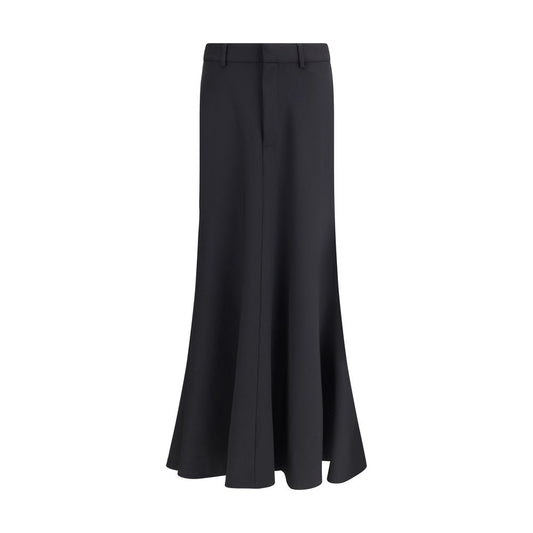Balenciaga Black Fleece Wool Long Skirt with mid-rise waist and front buttons, showcasing elegant Godet design, AW25 collection.
