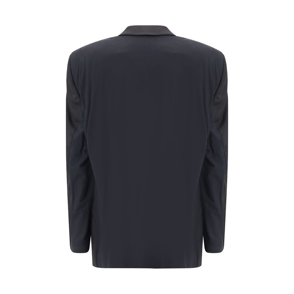 Back view of Balenciaga Black Wool Clothing deconstructed blazer with modern oversized design.