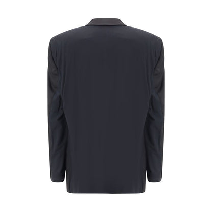 Back view of Balenciaga Black Wool Clothing deconstructed blazer with modern oversized design.