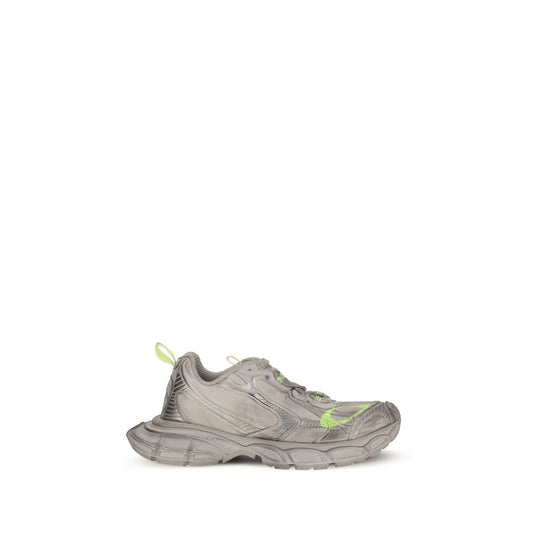 Balenciaga Gray Polyester Athletic Sneakers with taupe and neon yellow mesh, logo on toe and sole, round toe, and reflective details.