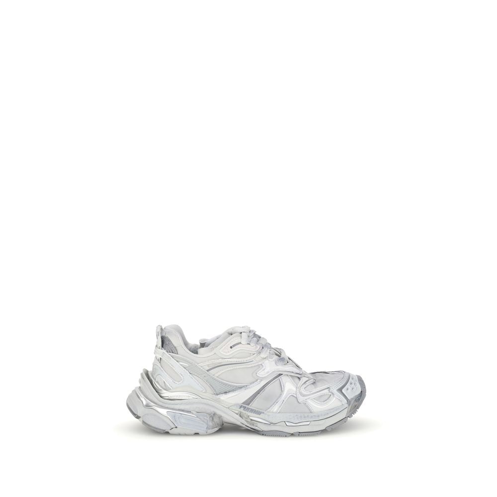 Balenciaga Silver Rubber Athletic Sneakers with grunge-worn aesthetic and logo detailing.