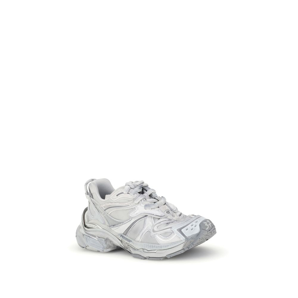 Balenciaga Silver Rubber Athletic Sneakers with worn-in grunge style, featuring brand logos and size details, side view.