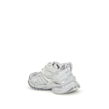 Balenciaga Silver Rubber Athletic Sneakers with worn-in effect and embossed logos, rear view on white background.