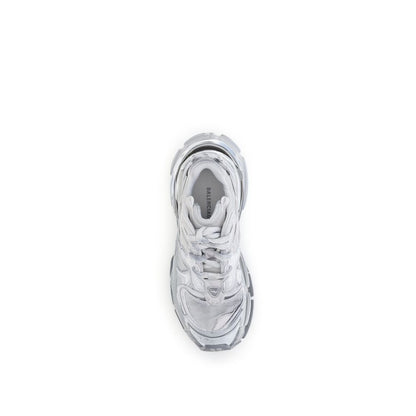 Top view of Balenciaga Silver Rubber Athletic Sneakers with worn-in effect, featuring printed size, Runner logo, and Balenciaga branding.