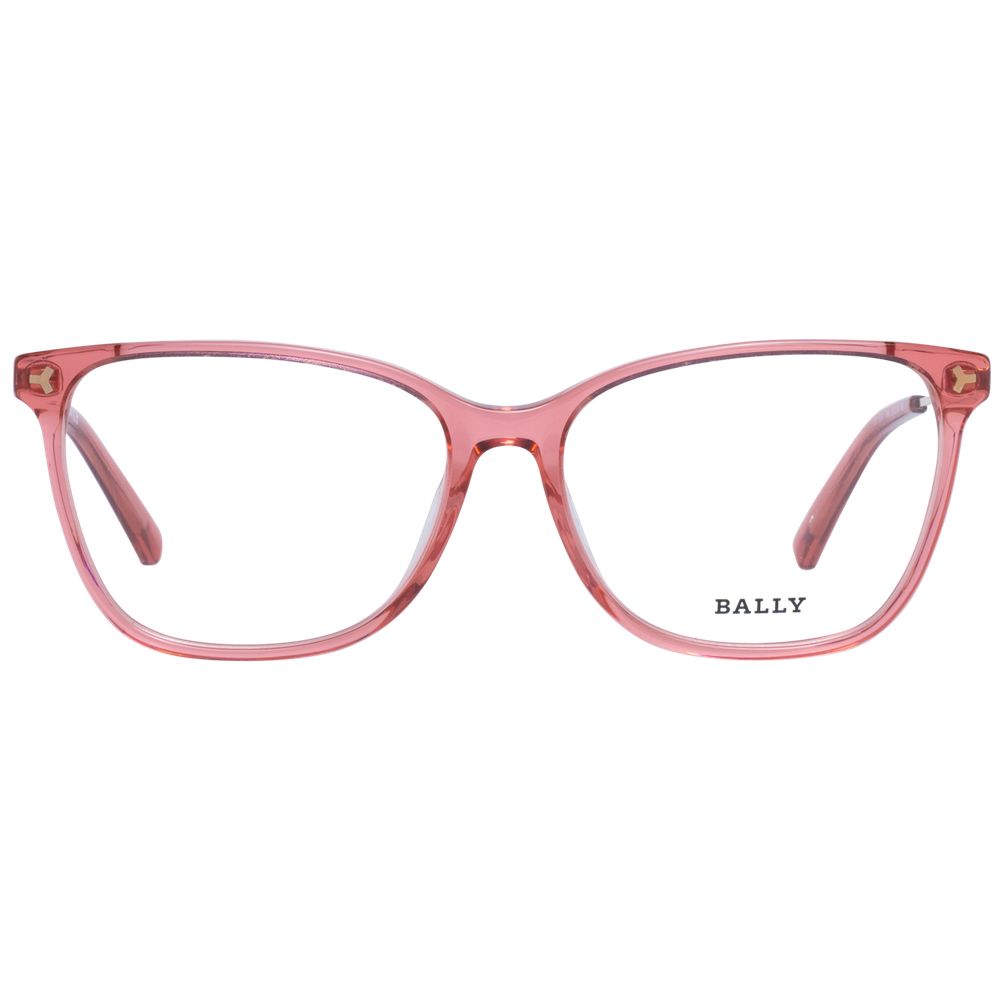 Bally Red Women Glasses Frame in metal and plastic, full-rim trapezium style, demo lenses, includes branded case.