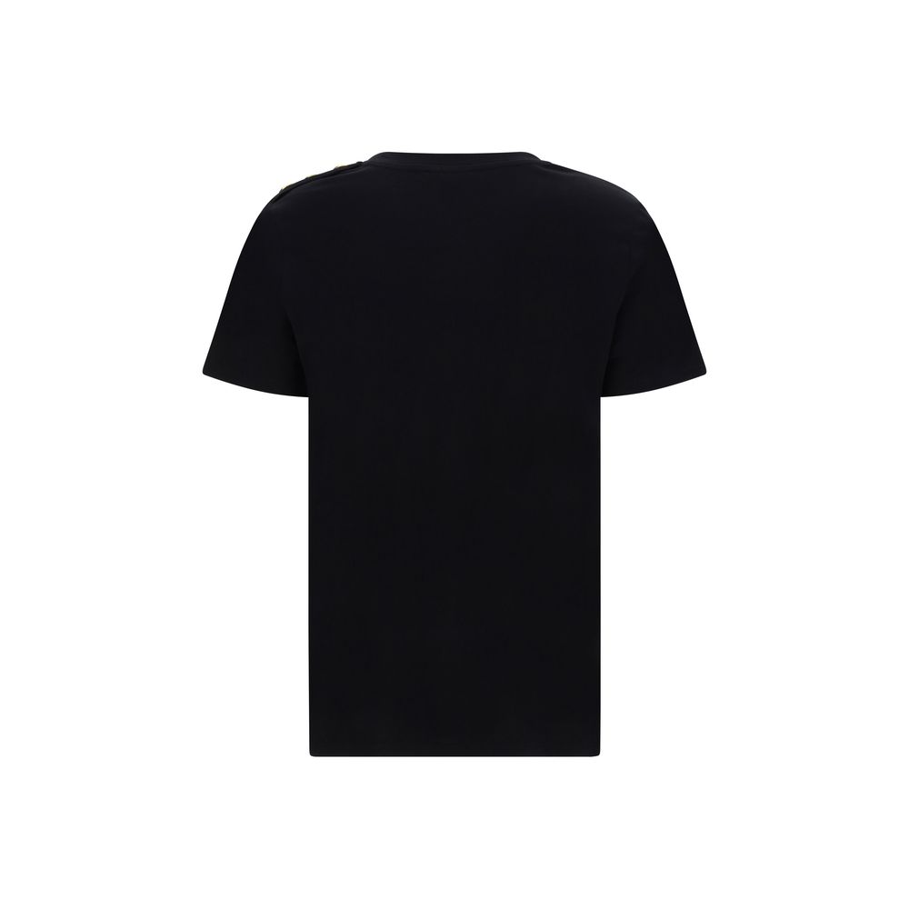 Back view of Balmain Black Cotton T-Shirt featuring ribbed crew neck and signature embossed buttons on the shoulder.