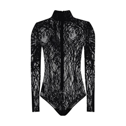 Balmain Black Cotton Top - Elegant lace bodysuit with high neck, zip fastening, and buttoned briefs for bold, sophisticated looks. AW25 collection.