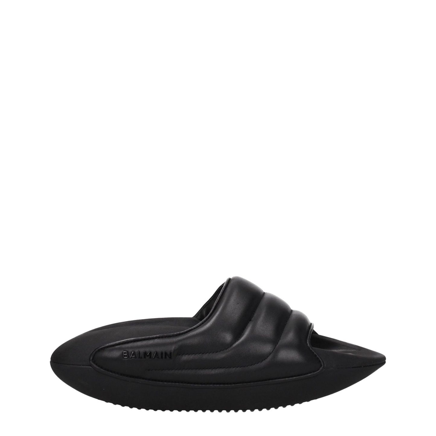 Balmain Black Leather Slippers featuring side logo, open toe design, rubber sole, and 4 cm mid heels for casual style.
