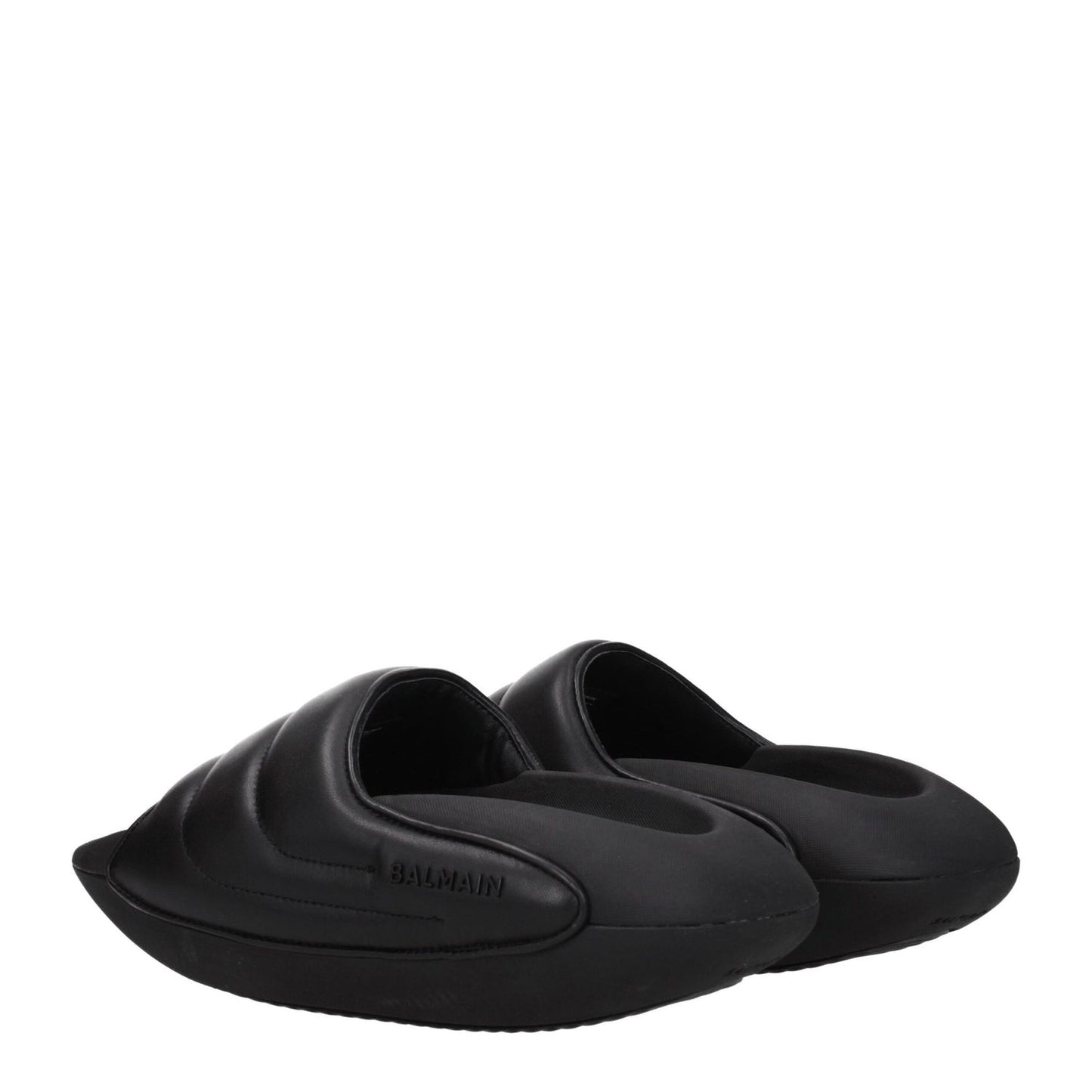 Balmain Black Leather Slippers with side logo and open toe design, featuring mid heels and rubber sole. Stylish casual footwear.