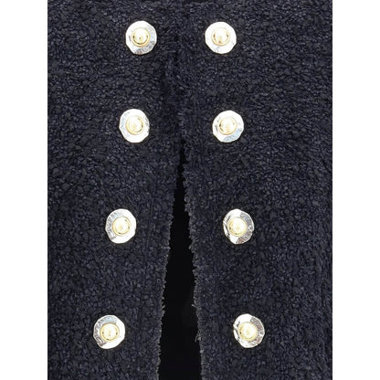 Close-up of Balmain Black Polyamide Coat with gold buttons, displaying luxury and elegance in design.